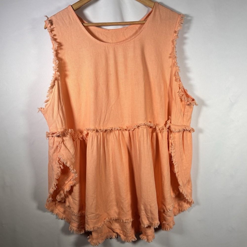 Linen Blend Boho Top Womens Large No Size Tag Brunch Fringe Hem Resort Artsy
